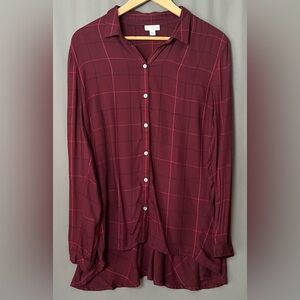 J. Jill L Burgundy Plaid Peplum Button Down Rayon Tunic Blouse